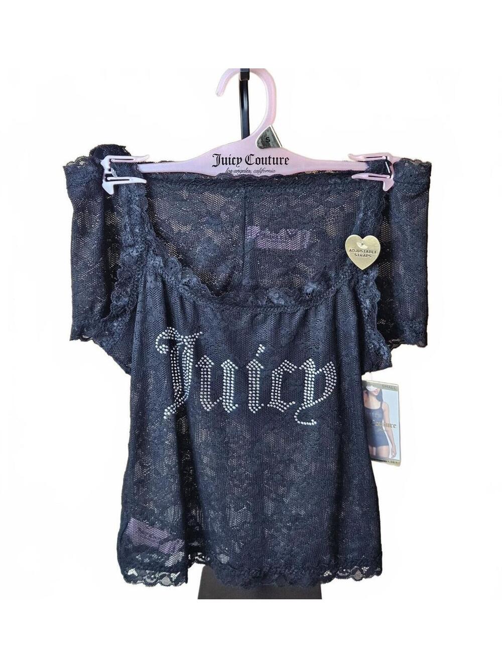 Juicy Couture Lace Cami & Shorts Set Rhinestone Logo Black Size Small NWT E/36